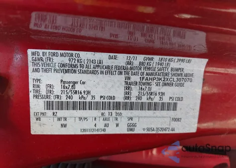 2012 Ford Focus Se z USA, uszkodzony, nr VIN 1FAHP3K2XCL307070